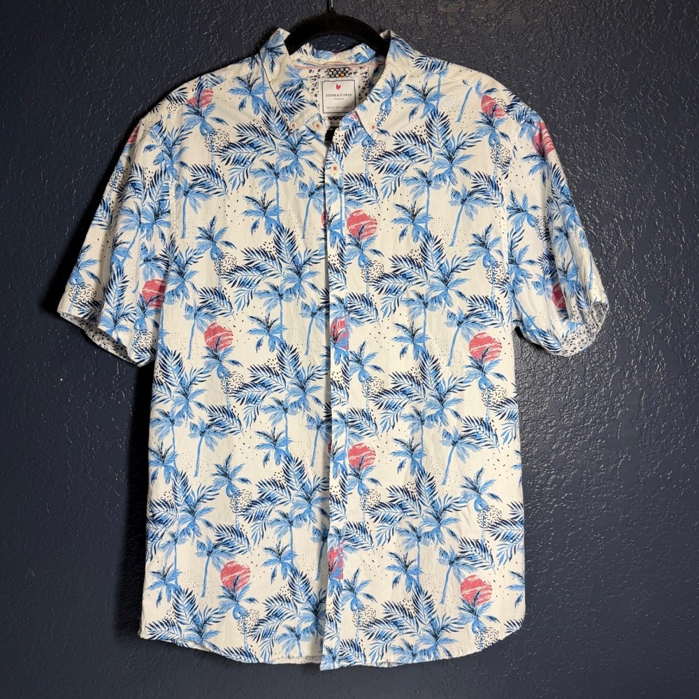 Denim & Flower Shirt XL White Blue‎ Palm Tree Tropical Slim Fit Button Down